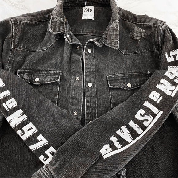 Zara Other - Zara Mens Black Denim Overshirt Text Print Graphic Black Distressed Snap Button